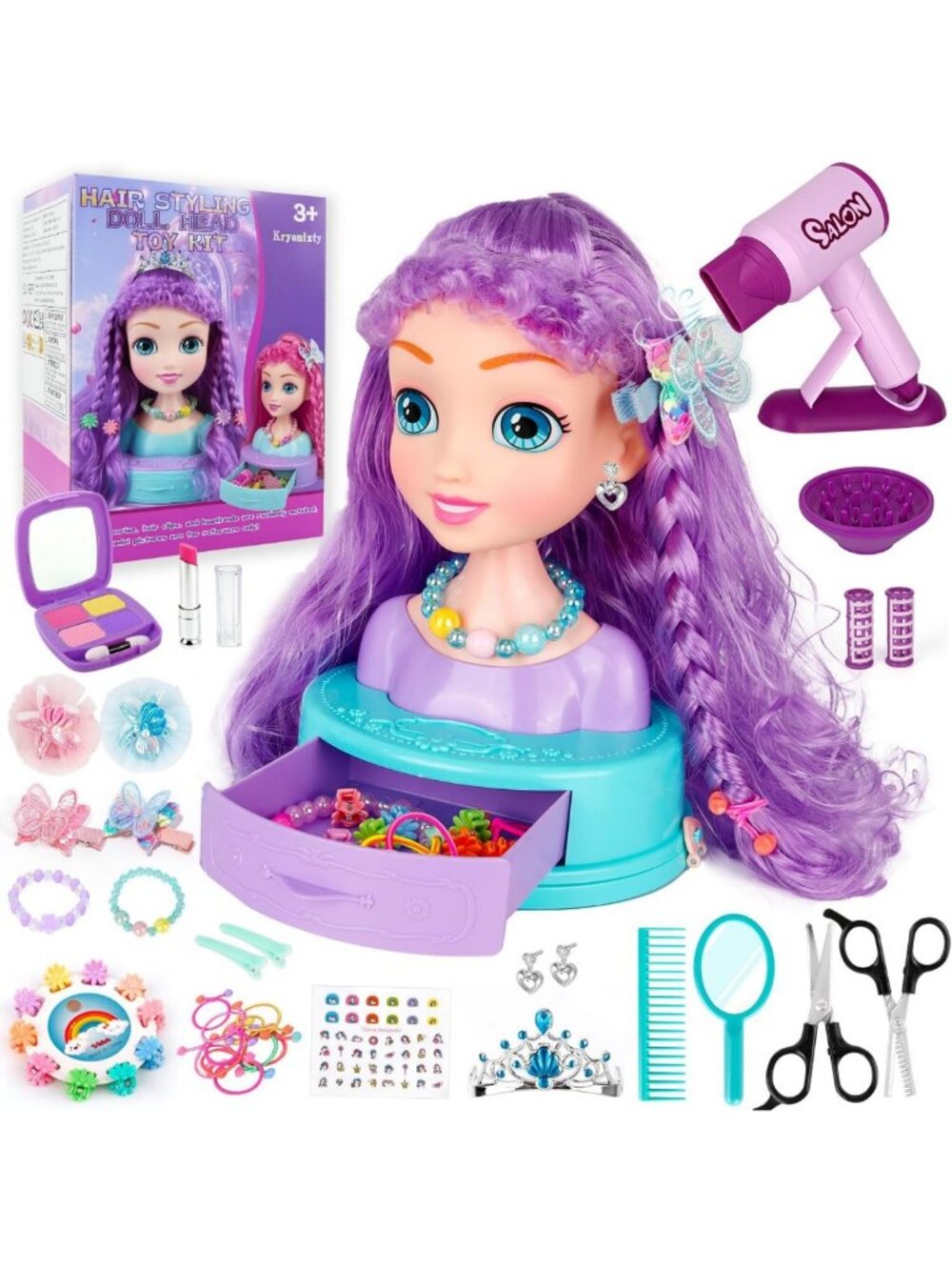 4-in-1 Hair Styling Doll Head with Pretend Makeup for Girls Ages 3-10, 9